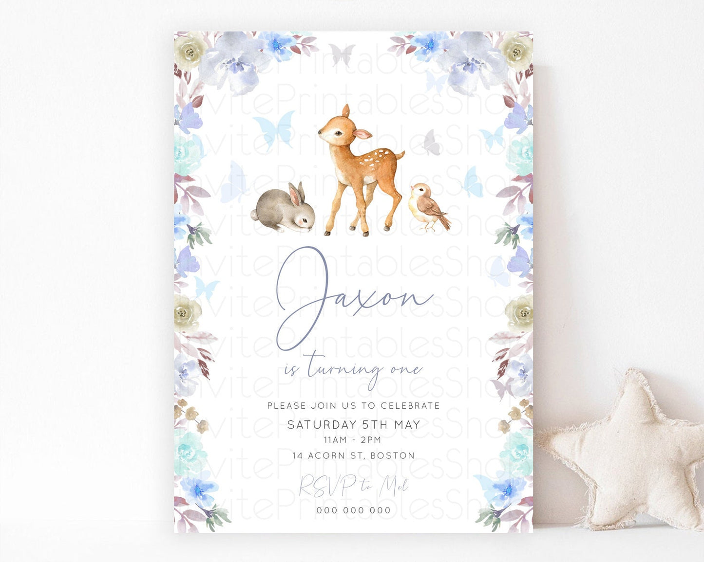 Fawn Birthday Invitation Deer Birthday Invitation Enchanted Forest Party Butterfly Pastel Flowers Whimsical 2nd 1st First Birthday D10929