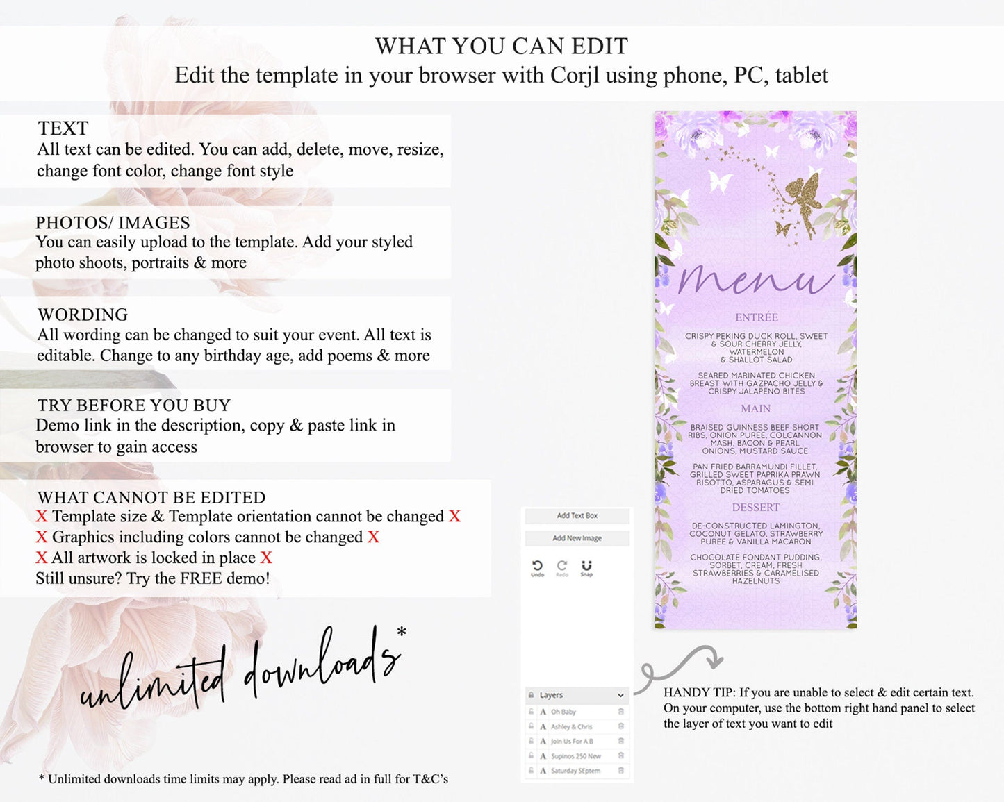 Fairy Menu Fairy Menu Template Enchanted Garden Pastel Floral Butterfly Table Decor Fairy Secret Garden Dinner Dessert Food Menu D10910