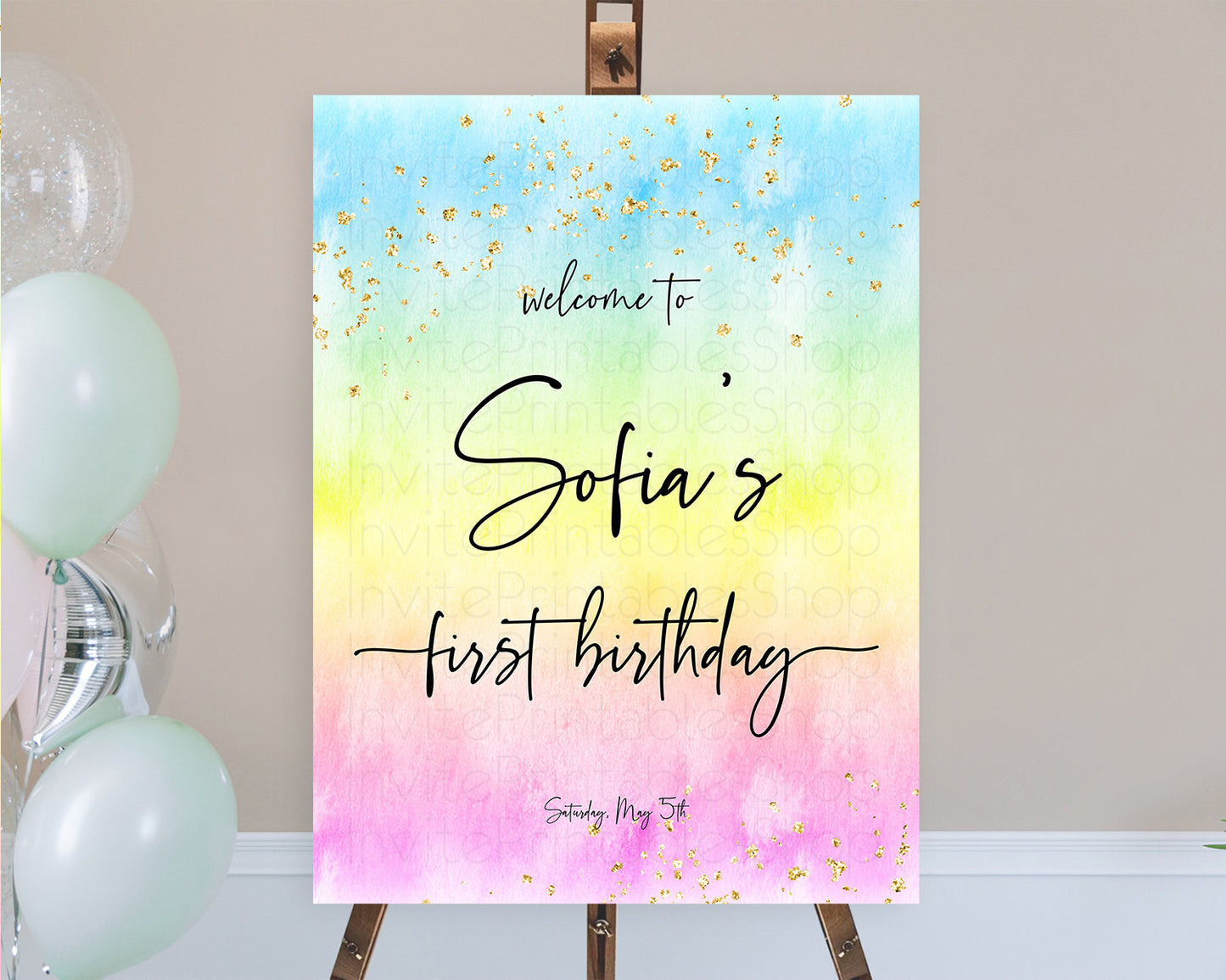 Pastel Welcome Sign Pastel Rainbow Welcome Sign Colorful Rainbow Confetti Watercolor Glitter Pastel First Birthday Welcome Sign D10480