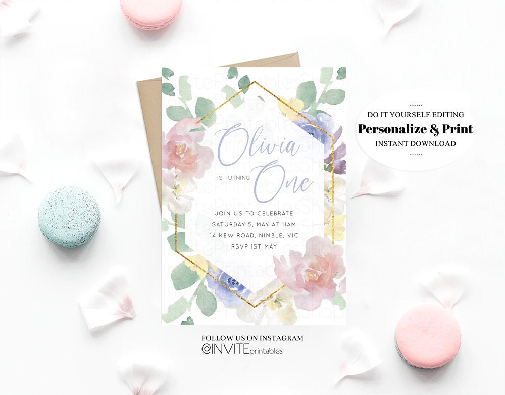 Wildflower 1st Birthday Floral Birthday Invite Pastel Floral Invite Garden Party Invite Blush Floral Invite Wild One Invite