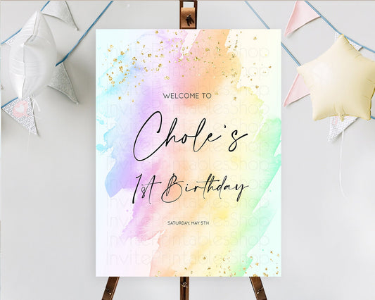 Pastel Welcome Sign Pastel Rainbow Welcome Sign Colorful Rainbow Confetti Watercolor Glitter Pastel First Birthday Welcome Sign D10645