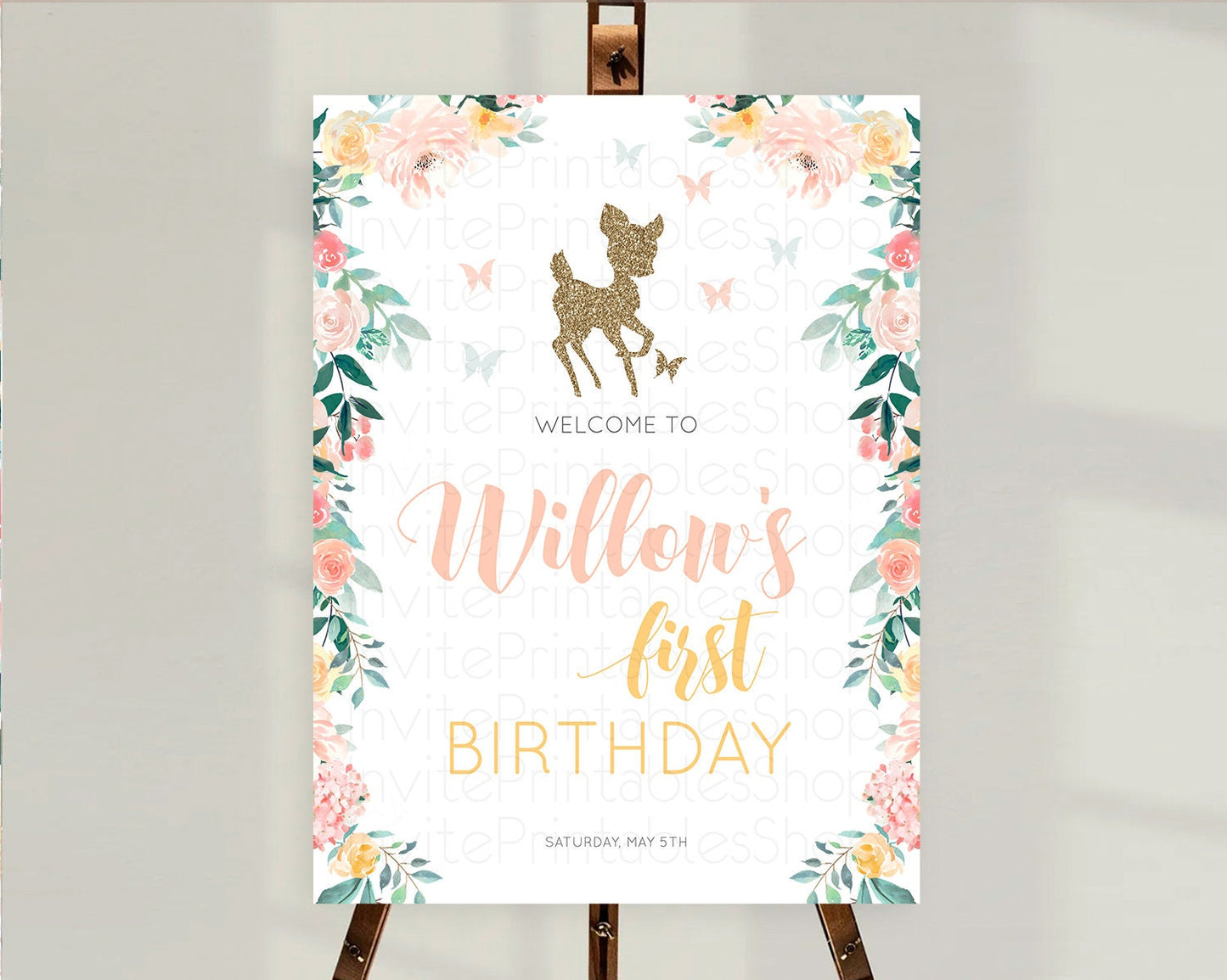 Fawn Welcome Sign Deer Welcome Board Floral Deer Welcome Poster Enchanted Forest Butterfly Pastel Floral First Birthday Welcome Sign D10874