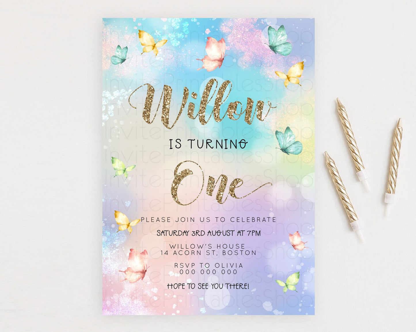 Pastel Butterfly Birthday Invitation Butterfly Birthday Invitation Colorful Splash Glitter Butterfly Garden 1st 2nd Birthday D23093