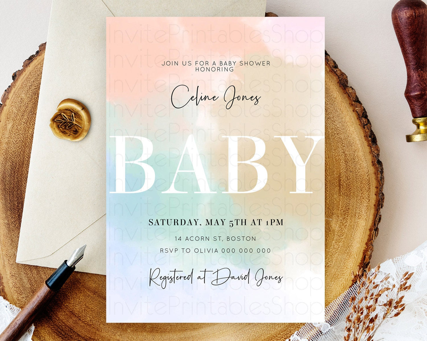 Pastel Baby Shower Invitation Rainbow Baby Shower Invitation Colorful Pastel Watercolor Invitation Gold Glitter Sprinkles Ombre D10370