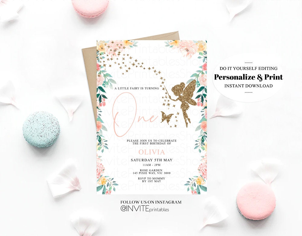 Fairy Birthday Invitation Floral Garden Tea Party Fairy Invite Whimsical Butterflies Glitter Pixie Magic White Printable Editble Invite