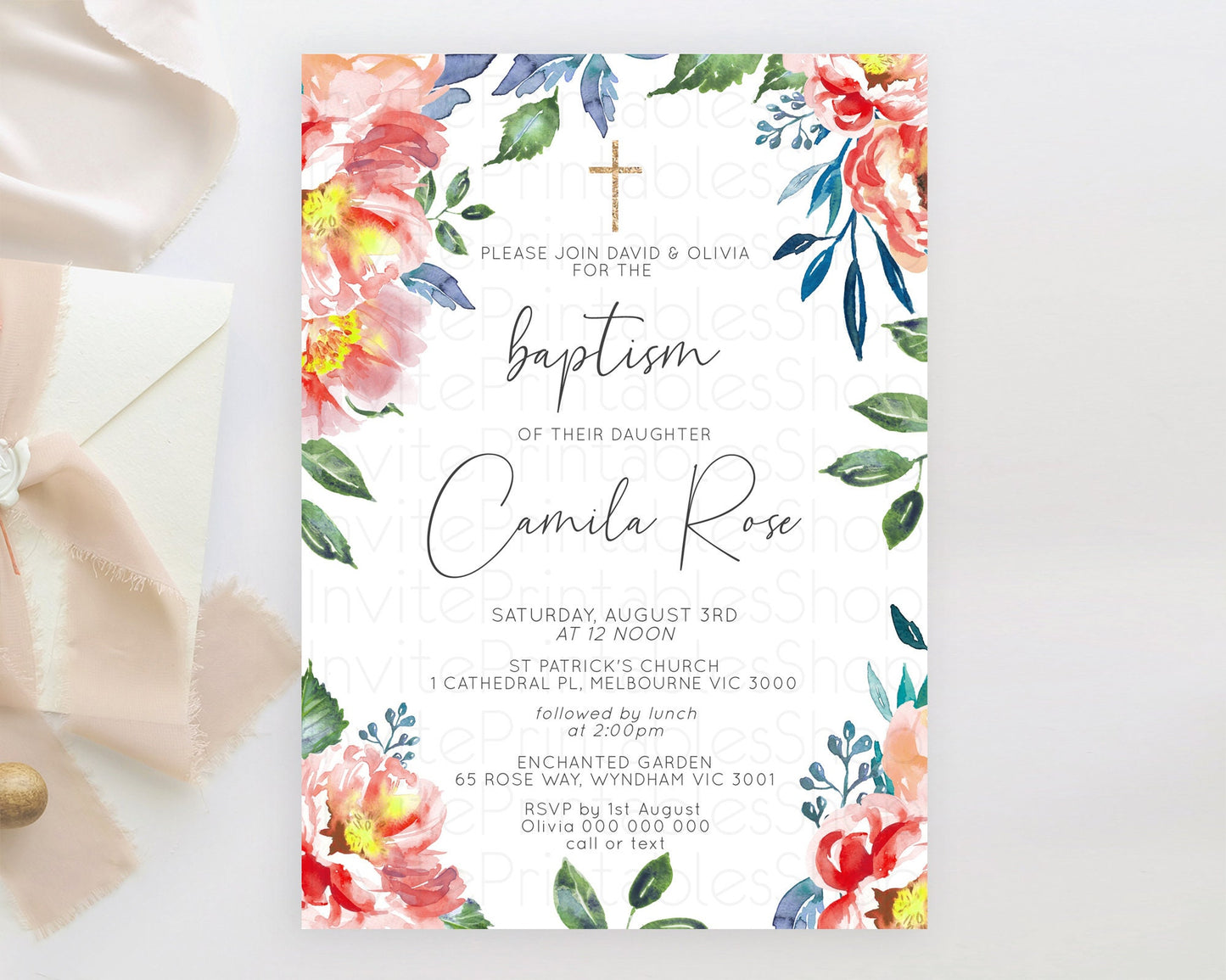 Secret Garden Baptism Invitation Wildflower Baptism Birthday Invite Pastel Flowers Christening Invite Enchanted Garden Boho Floral  D10751