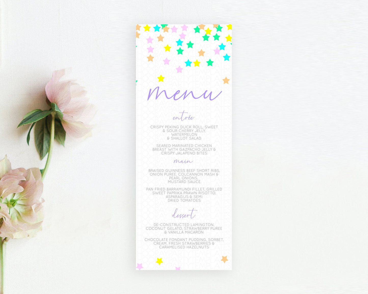 Star Menu Template Pastel Stars Menu Shooting Star Twinkle Little Star Decor Rainbow Colorful Confetti Dinner Dessert Food Menu D10394