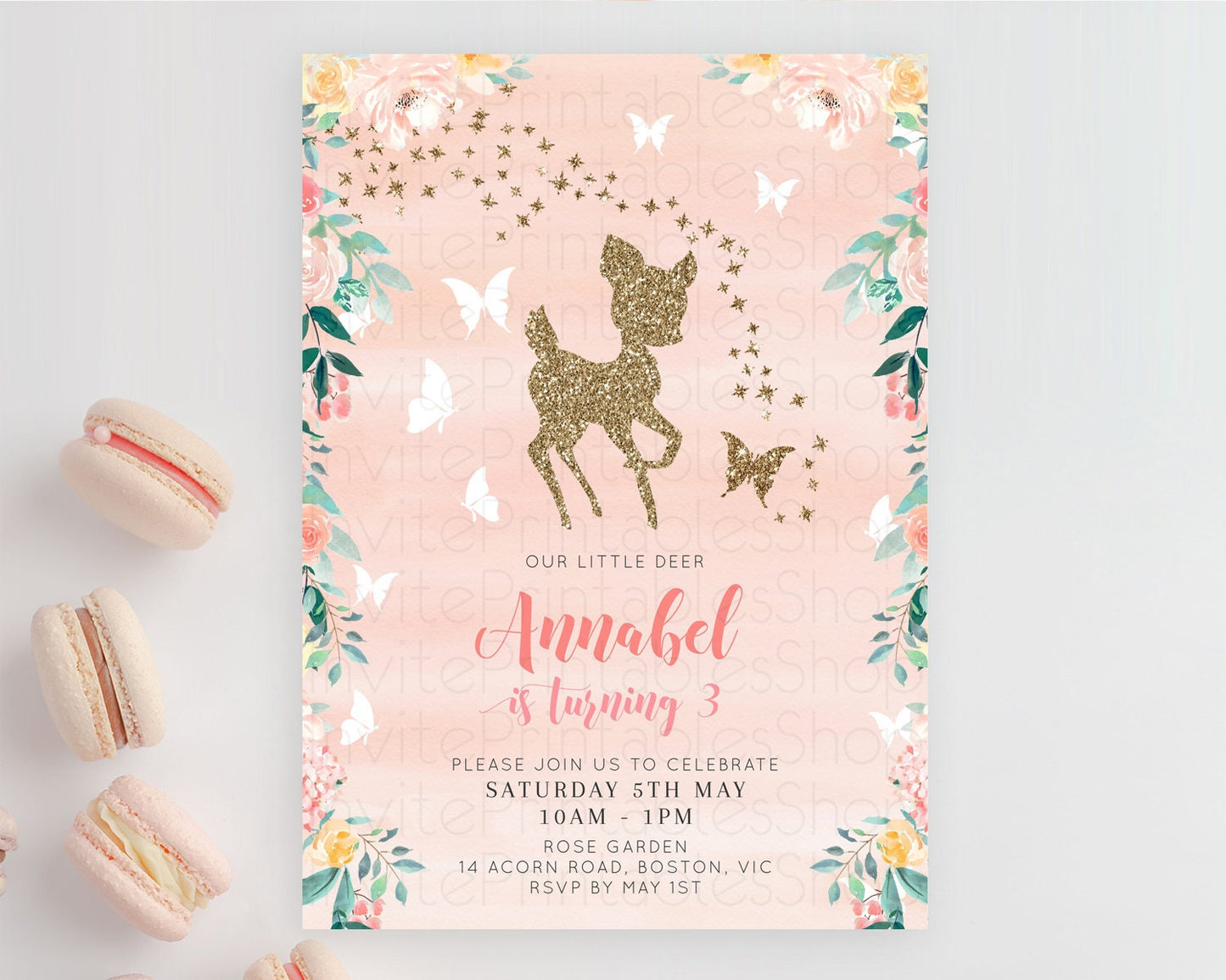 Fawn Birthday Invitation Deer Birthday Invitation Enchanted Forest Party Butterfly Pastel Flowers Whimsical 2nd 1st First Birthday D10873