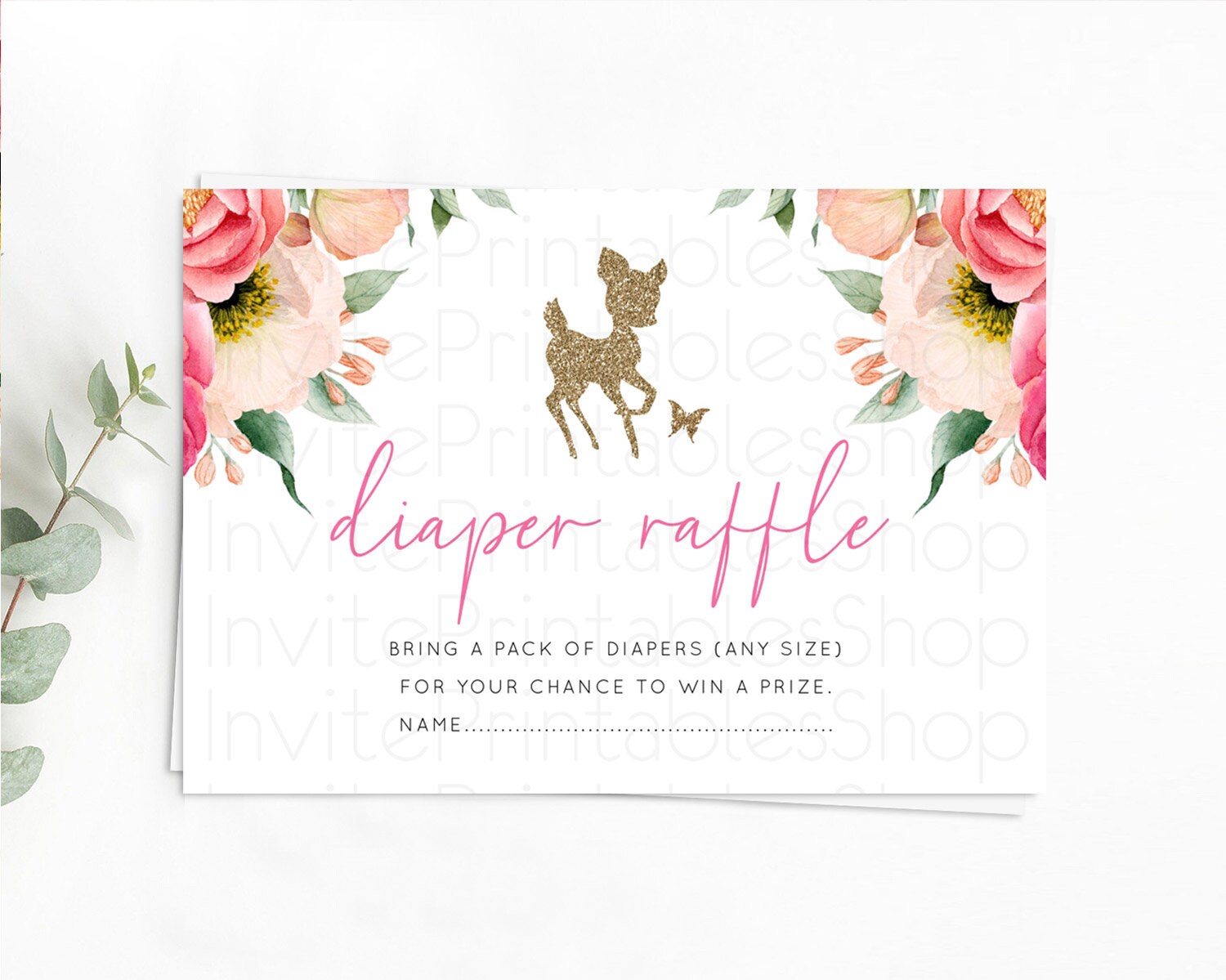 Editable Fawn Diaper Raffle Card Deer Diaper Insert Floral Deer Diaper Ticke