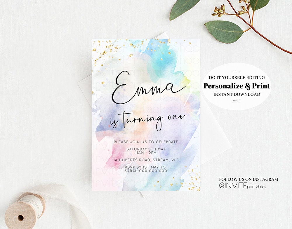 Editable Rainbow Birthday Invitation Ombre Pastel Invitation Colorful Waterc