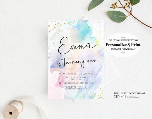 Editable Rainbow Birthday Invitation Ombre Pastel Invitation Colorful Waterc