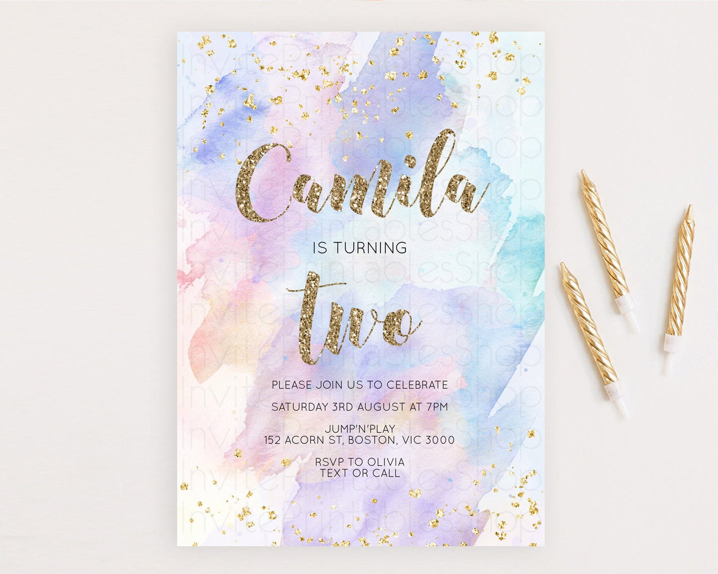 Rainbow Birthday Invitation Colorful Pastel Watercolor Invitation Gold Glitter Sprinkles Ombre Pastel 1st 2nd 3rd Birthday D10583