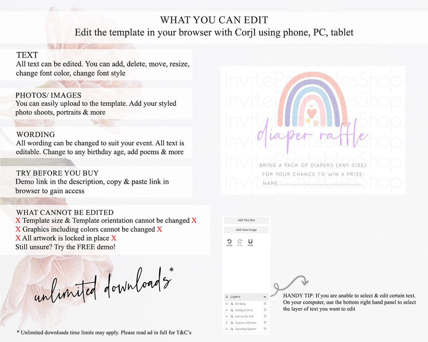 Pastel Rainbow Diaper Raffle Card Boho Rainbow Diaper Insert Boho Rainbow Diaper Ticket Pastel Watercolor Baby Shower Raffle Game D10788