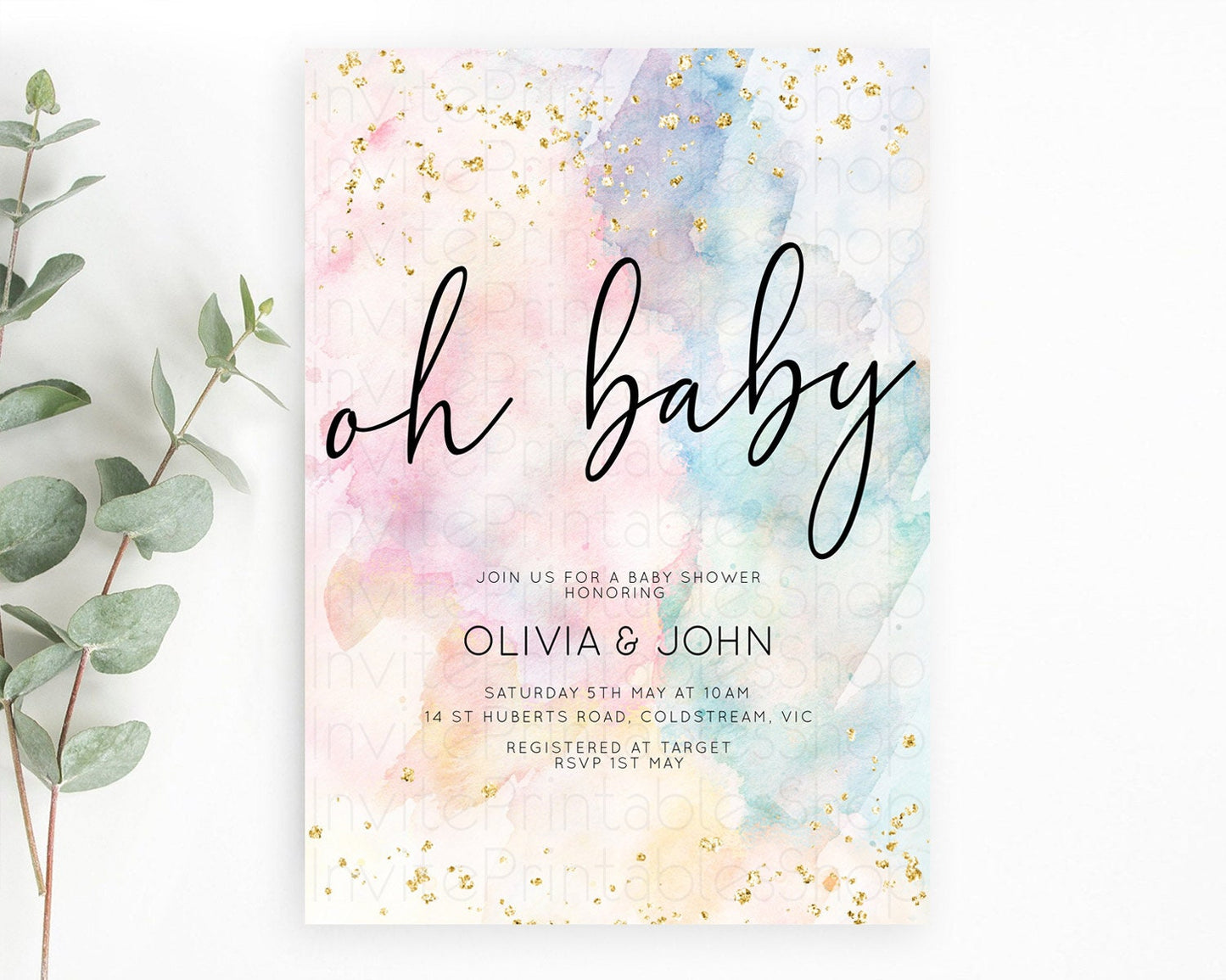 Pastel Rainbow Baby Shower Invitation, Colorful Watercolor with Gold Glitter Sprinkles, Pink, Blue, Yellow Ombre Splash Gender Reveal D10263