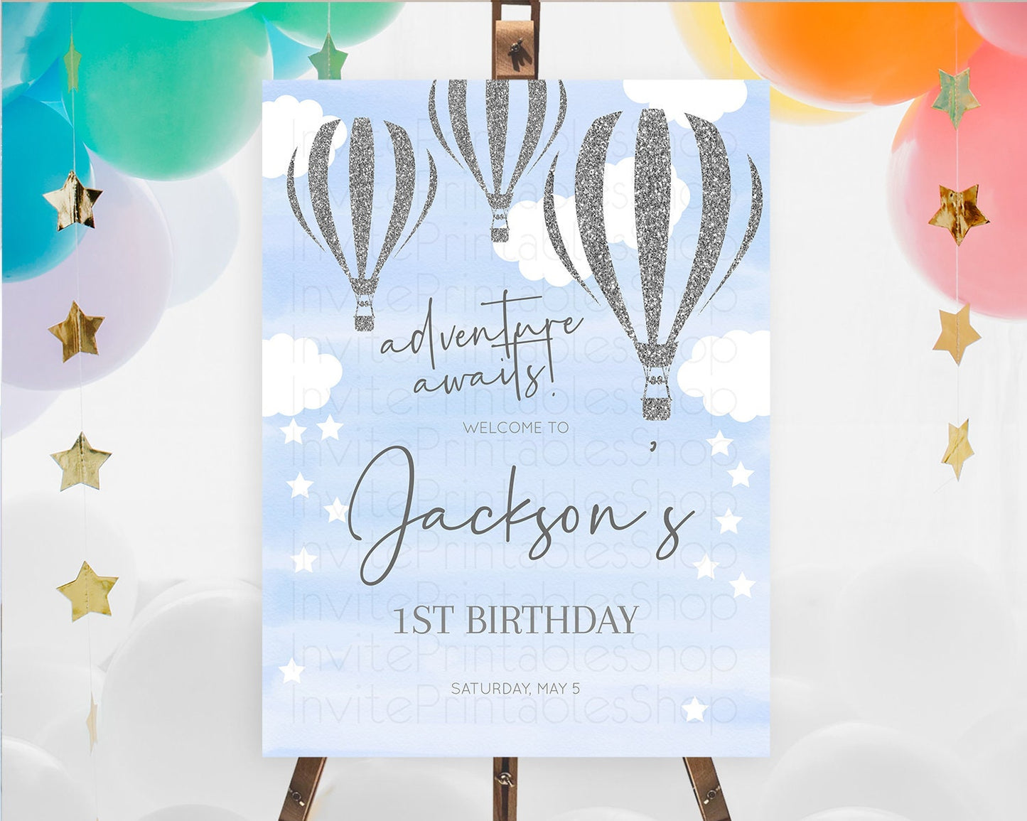 Hot Air Balloon First Birthday Welcome Board Hot Air Balloon Welcome Board Adventure Awaits Watercolor First Birthday Welcome Sign D10334