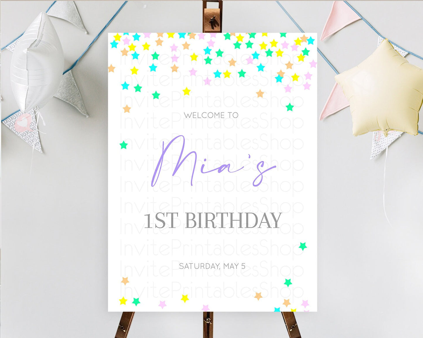 Star Welcome Board Pastel Stars Welcome Sign Shooting Star Rainbow Colorful Confetti Twinkle Little Star First Birthday Welcome Sign D10395