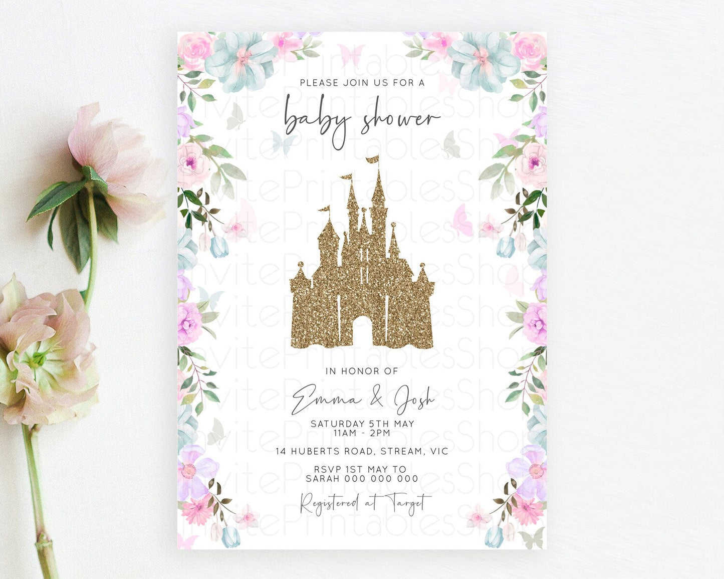 Pastel Princess Baby Shower Invitation Floral Castle Invitation Royal Baby Invite Enchanted Castle Pastel Flower Garden Baby Shower D10470
