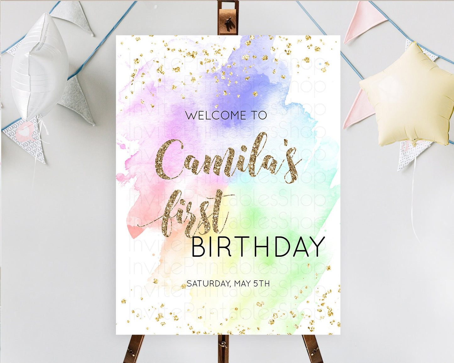 Pastel Welcome Sign Pastel Rainbow Welcome Sign Colorful Rainbow Confetti Watercolor Glitter Pastel First Birthday Welcome Sign D10319