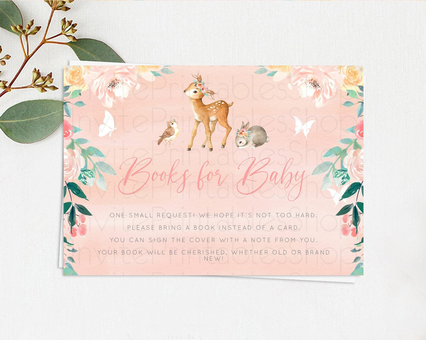 Fawn Books For Baby Card Deer Book Insert Floral Deer Book Card Enchanted Forest Butterfly Pastel Baby Shower Book Poem Request D10921