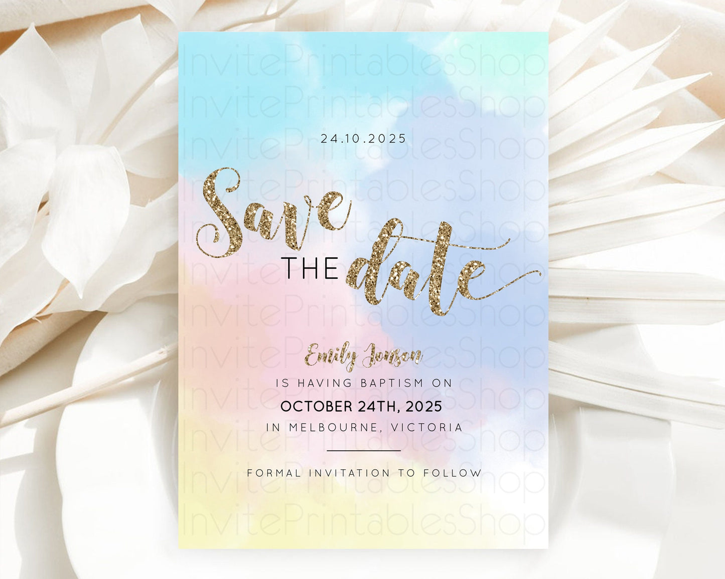 Pastel Save The Date Template Pastel Ombre Rainbow Watercolor Colorful Party For Birthday Baptism Baby Shower Wedding Bridal Shower D10378