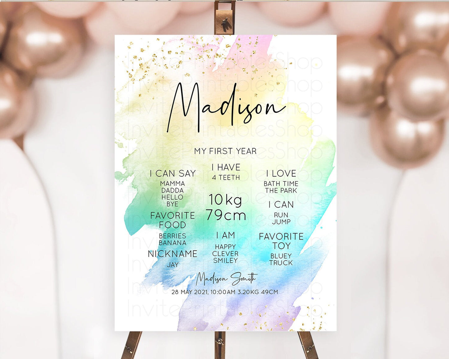 Pastel First Birthday Milestone Board Pastel Rainbow Milestone Poster Colorful Confetti Watercolor Glitter 1st Birthday Welcome Sign D10279