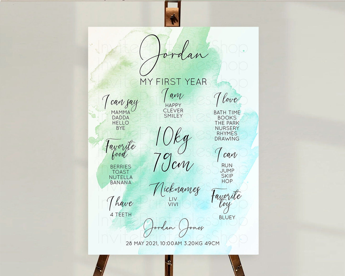 Green First Birthday Milestone Poster Green Watercolor Milestone Board Pastel Green Watercolor Splash Milestone Board 1st Birthday D10166