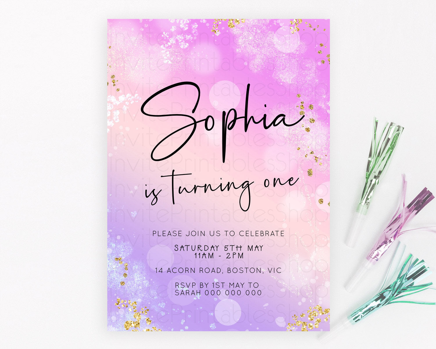 Editable Pastel Birthday Invitation Ombre Watercolor Birthday Invitation Gli