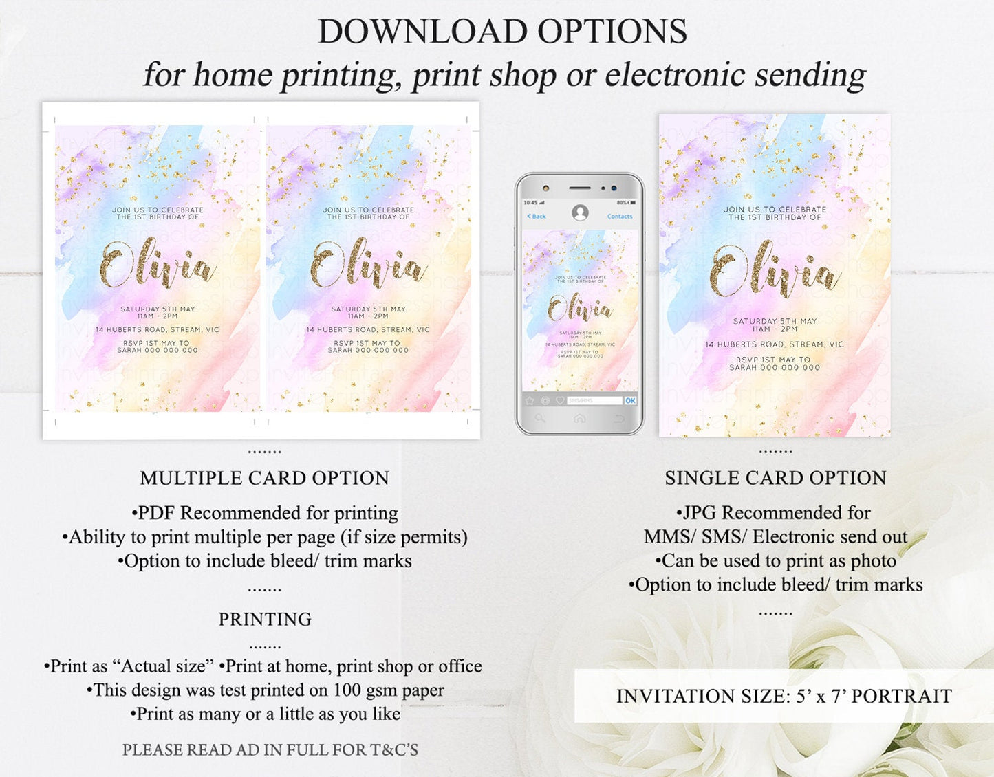 Rainbow Birthday Invitation Glitter Pastel Invitation Colorful Watercolor Gold Foil Splatter Sprinkle Ombre 1st 2nd 3rd Birthday Invite g600