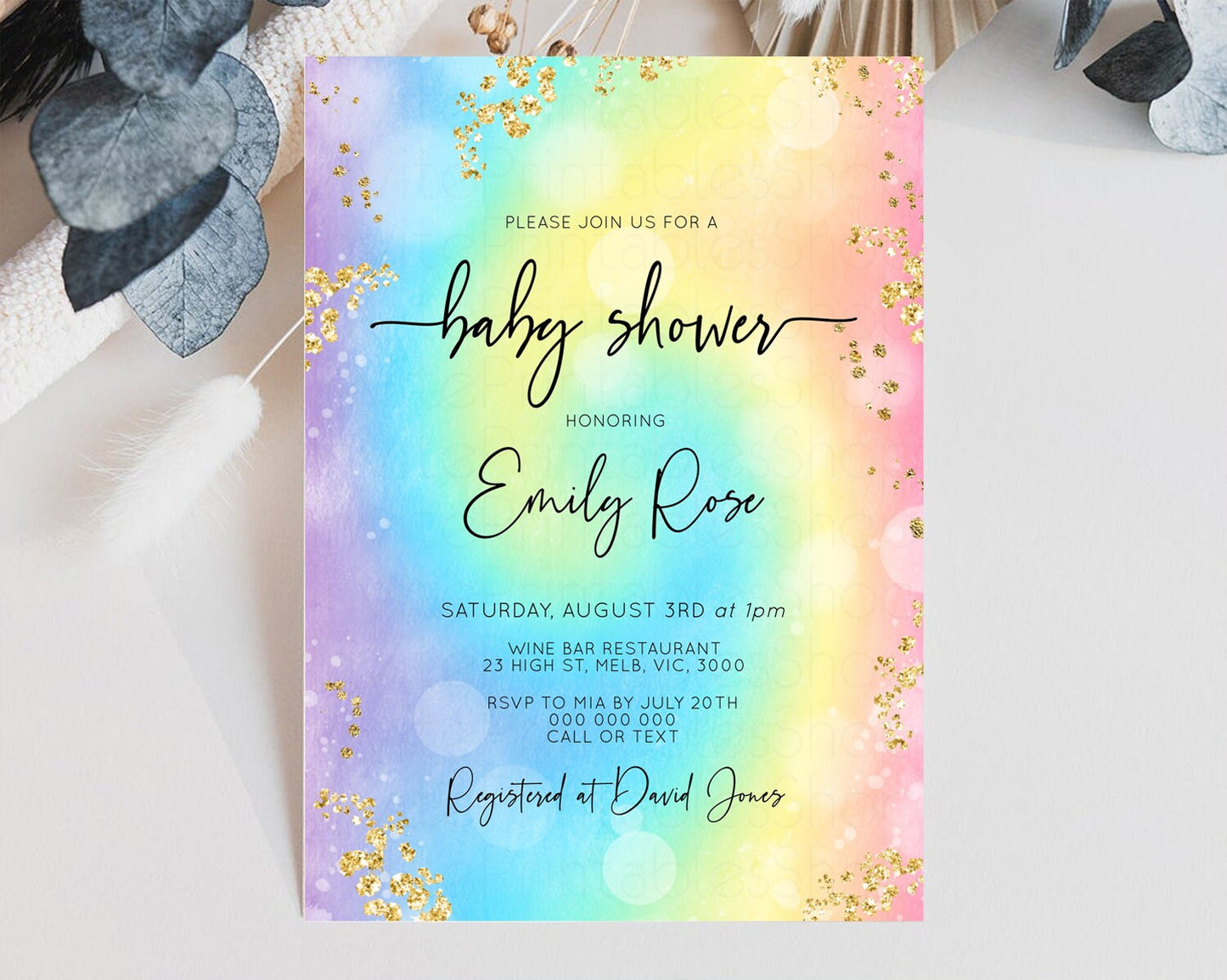 Rainbow Baby Shower Invitation Watercolor Pastel Invitation Colorful Splash Baby Invite Gold Glitter Sprinkles Ombre Gender Reveal t571