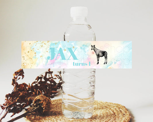 Editable Pastel Okapi Water Label Template Rainbow Watercolor Okapi Party De