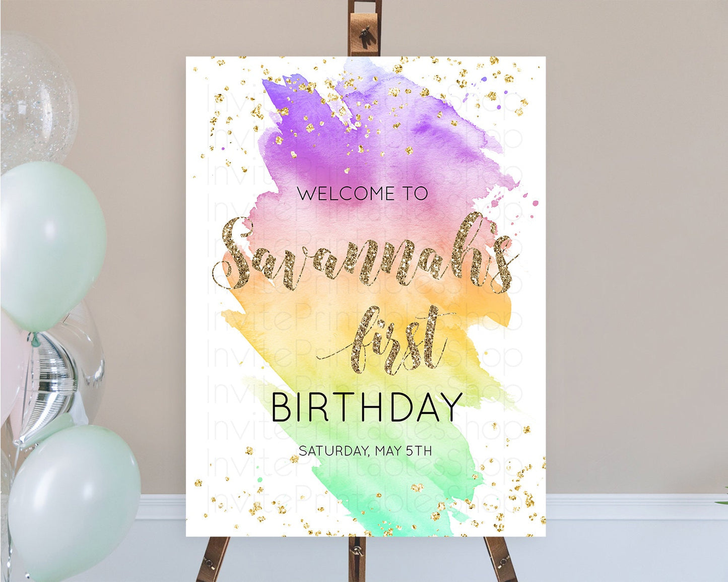 Pastel Welcome Sign Pastel Rainbow Welcome Sign Colorful Rainbow Confetti Watercolor Glitter Pastel First Birthday Welcome Sign D10517