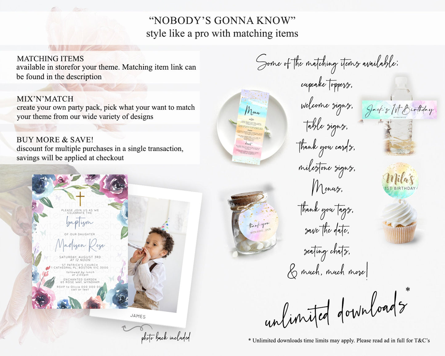 Secret Garden Baptism Invitation Wildflower Baptism Birthday Invite Pastel Flowers Christening Invite Enchanted Garden Boho Floral  D10780