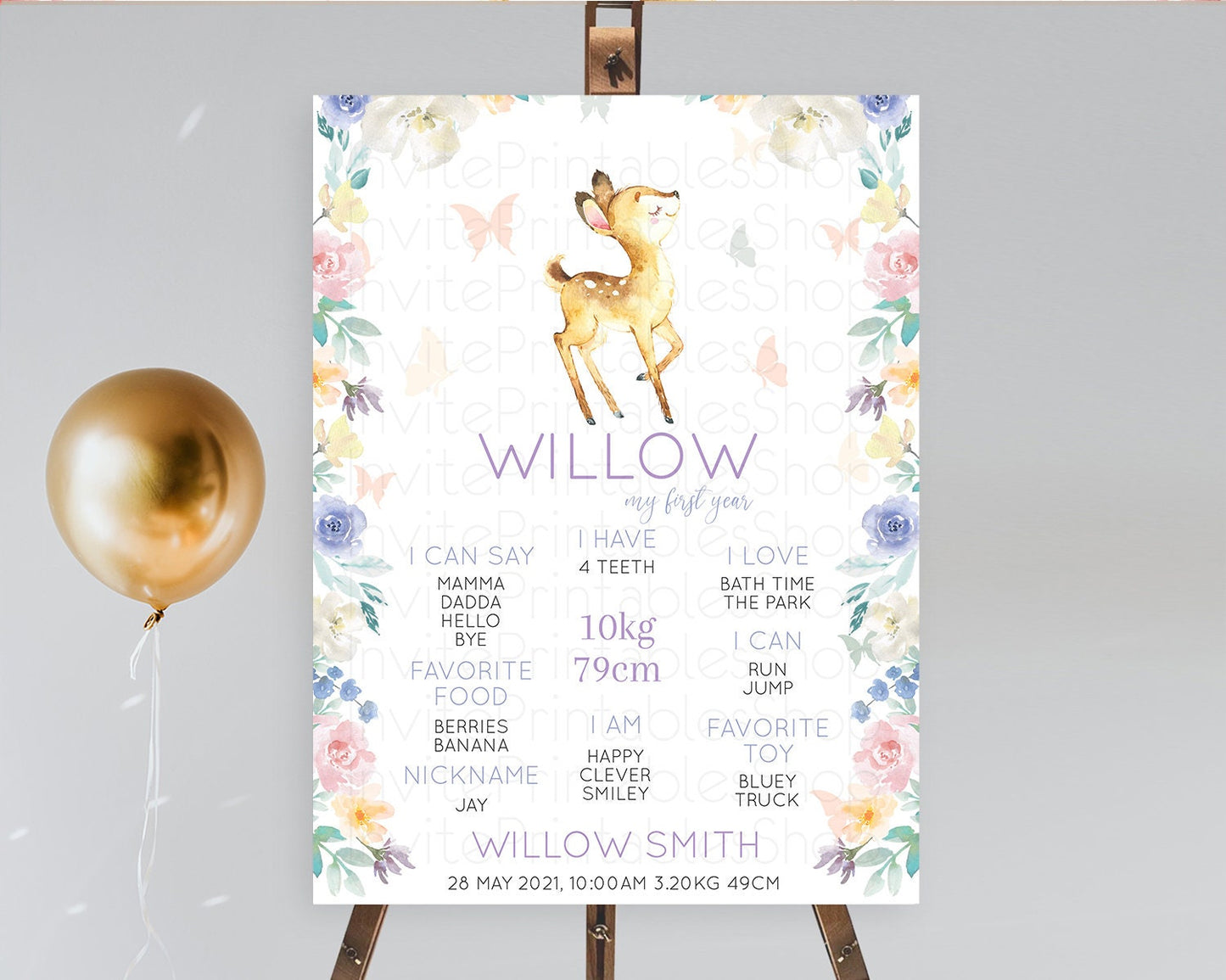 Fawn First Birthday Milestone Board Deer First Birthday Milestone Poster Enchanted Forest Butterfly Pastel Flowers 1st Birthday Sign D11001