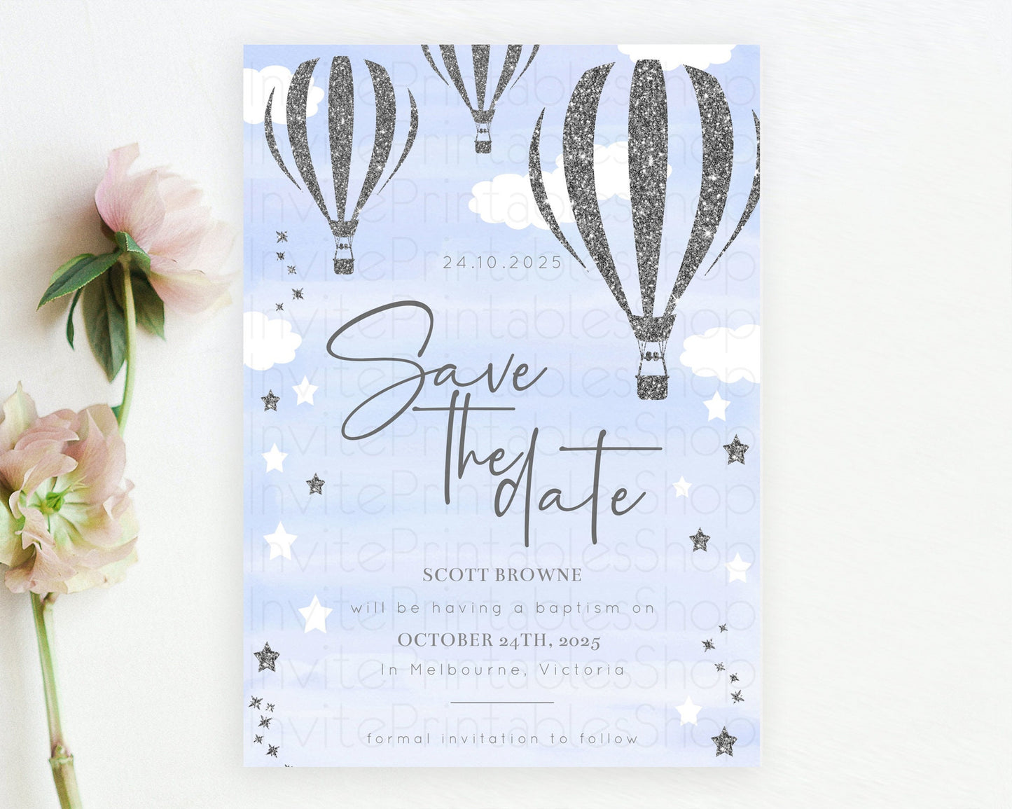 Hot Air Balloon Save The Date Template Adventure Awaits Mr. ONEderful Party 1st Birthday Baptism Baby Shower D10334