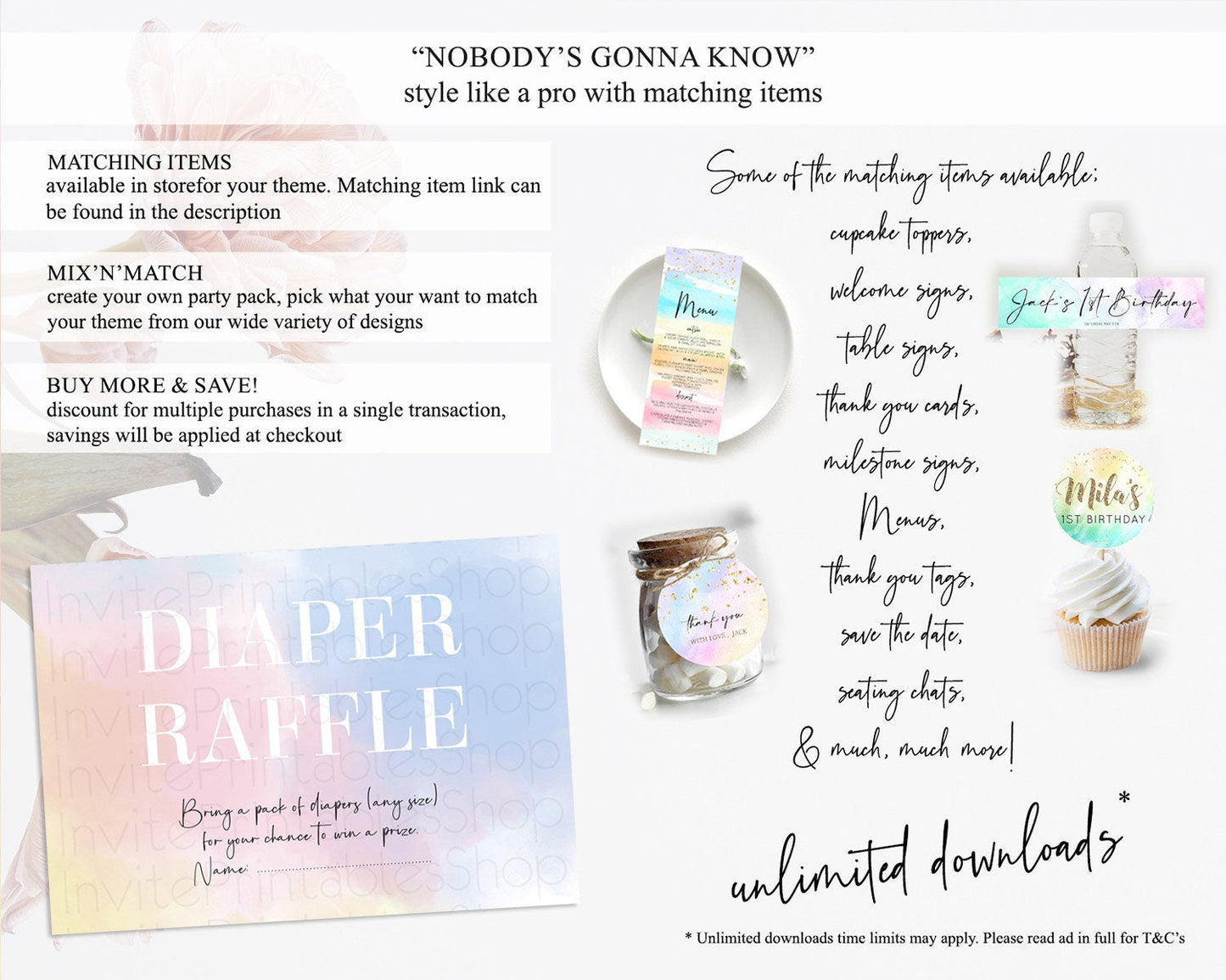 Pastel Diaper Raffle Card Pastel Rainbow Diaper Raffle Insert Colorful Ombre Watercolor Diaper Ticket Confetti Glitter Raffle Game D10373