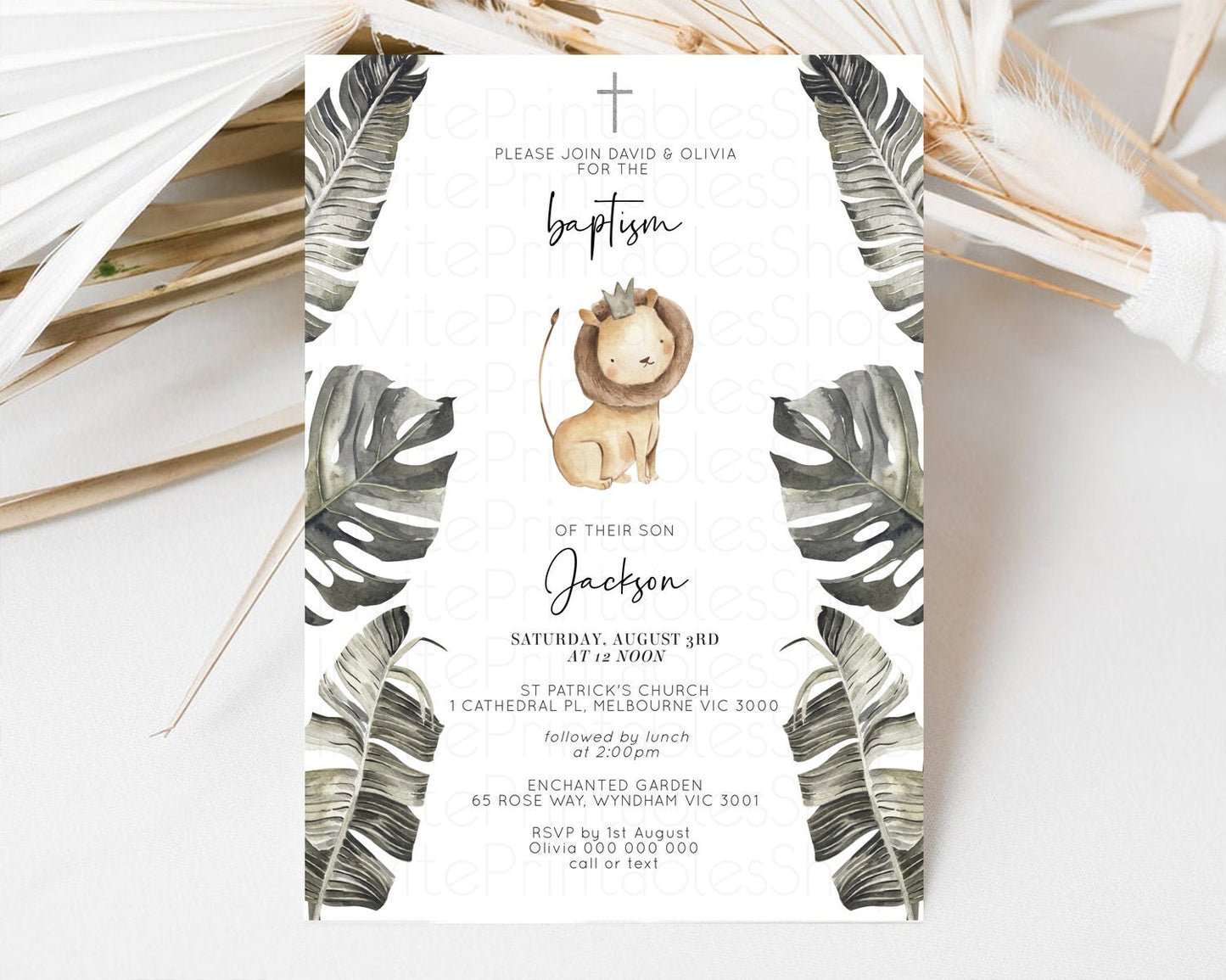 Cute Lion Baptism Invitation Baby Lion Cub Christening Invitation Watercolor Safari Jungle Baby Lion Palm Leaf Holy Communion 584