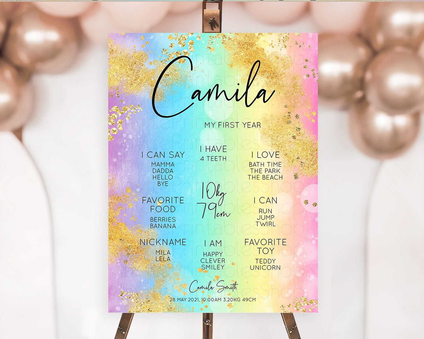 Pastel First Birthday Milestone Board Pastel Rainbow Milestone Poster Colorful Confetti Watercolor Glitter 1st Birthday Welcome Sign D10559