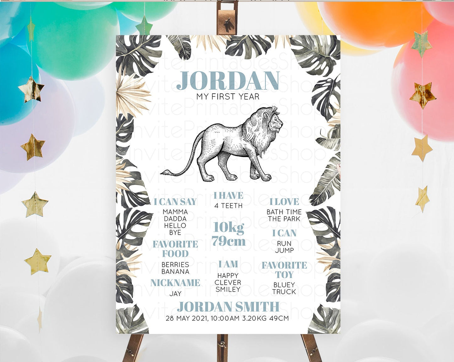 Lion First Birthday Milestone Board Lion Milestone Poster Lion Decor Safari Adventure Palm Leaf Lion First Birthday Welcome Sign D10807