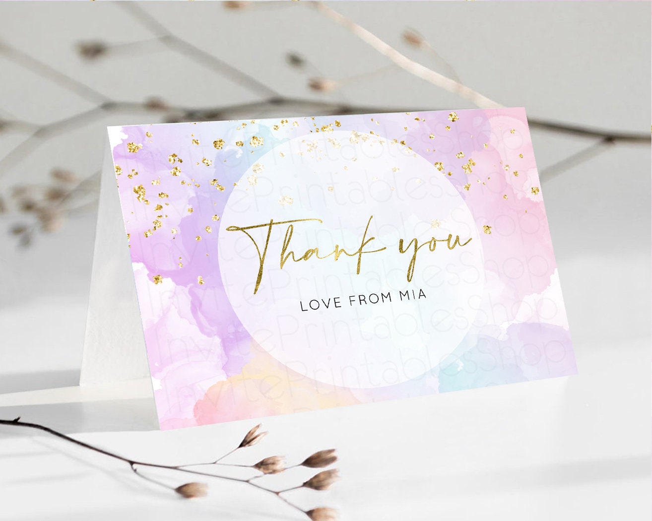 Pastel Rainbow Thank you Colorful Watercolor Gift Cards Splash Gold Glitter Card Birthday Engaged Baby Shower Wedding Folded/ Postcard 599v1