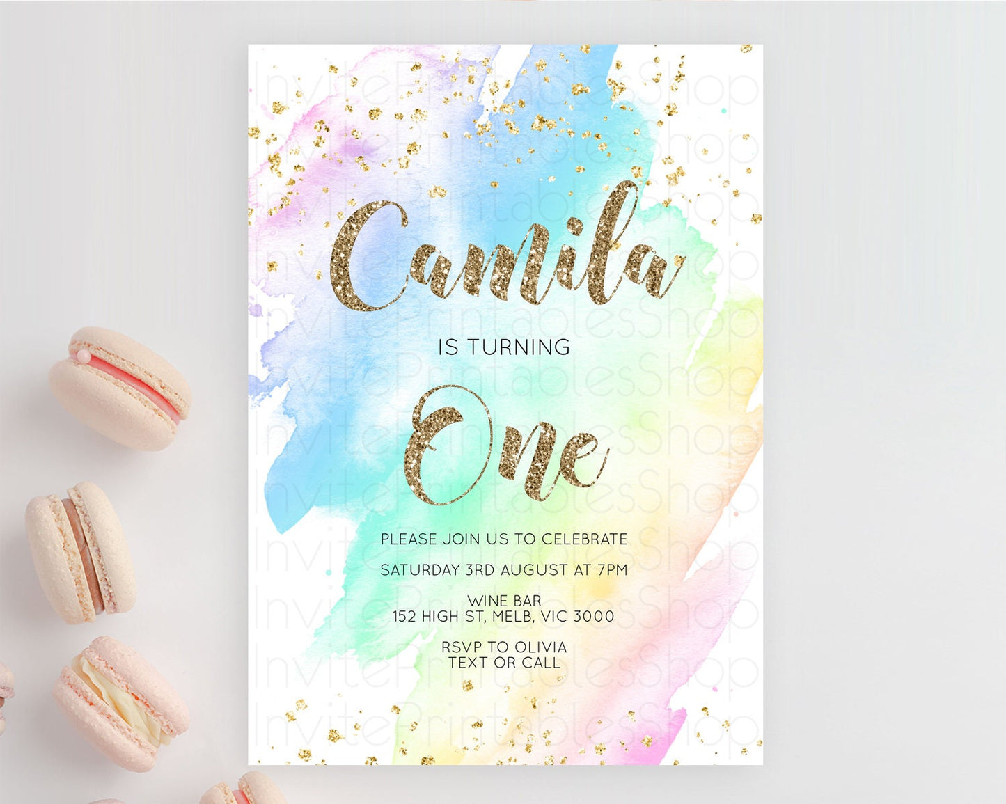 Rainbow Birthday Invitation Colorful Pastel Watercolor Invitation Gold Glitter Sprinkles Ombre Pastel 1st 2nd 3rd Birthday D10637