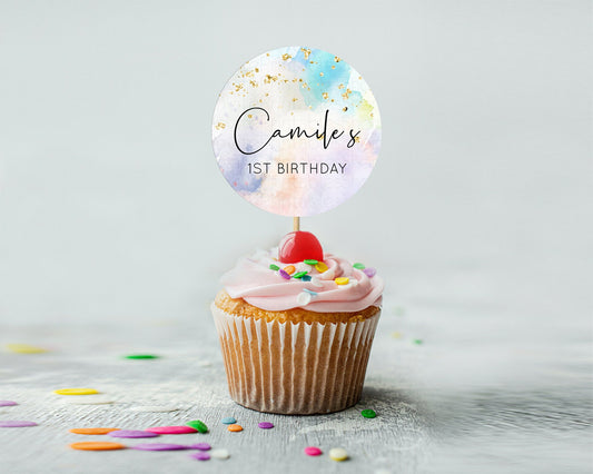 Editable Rainbow Cupcake Toppers Pastel Cupcake Toppers Colorful Pastel Wate