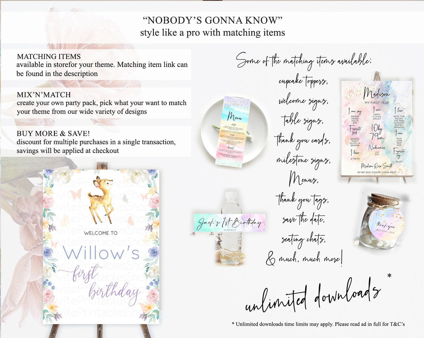 Fawn Welcome Sign Deer Welcome Board Floral Deer Welcome Poster Enchanted Forest Butterfly Pastel Floral First Birthday Welcome Sign D11001