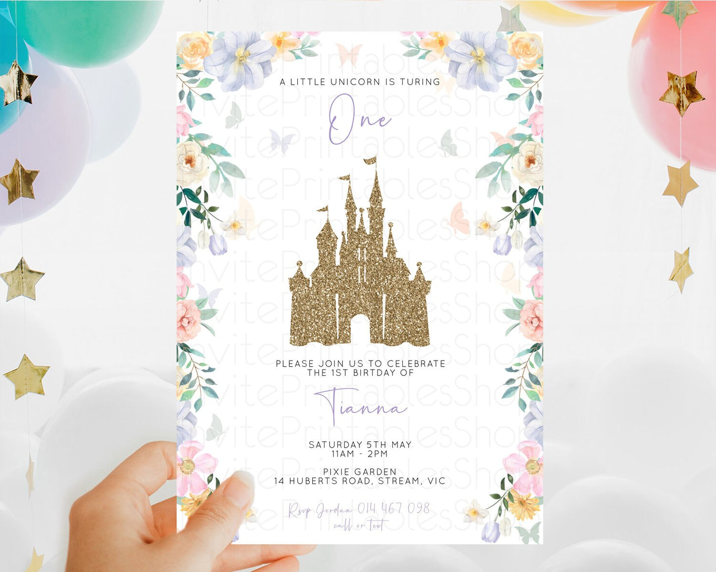 Princess Birthday Invitation Castle Invitation Royal Birthday Fairy Tale Enchanted Castle Pastel Floral Garden 1st First Birthday D10469