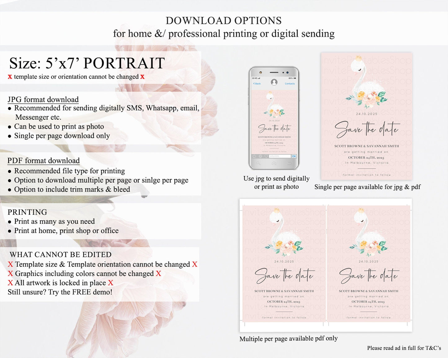 Swan Save The Date Template Swan Princess Ballet Party Enchanted Swan Lake Secret Garden Pastel Floral Birthday Baptism Baby Shower D10388