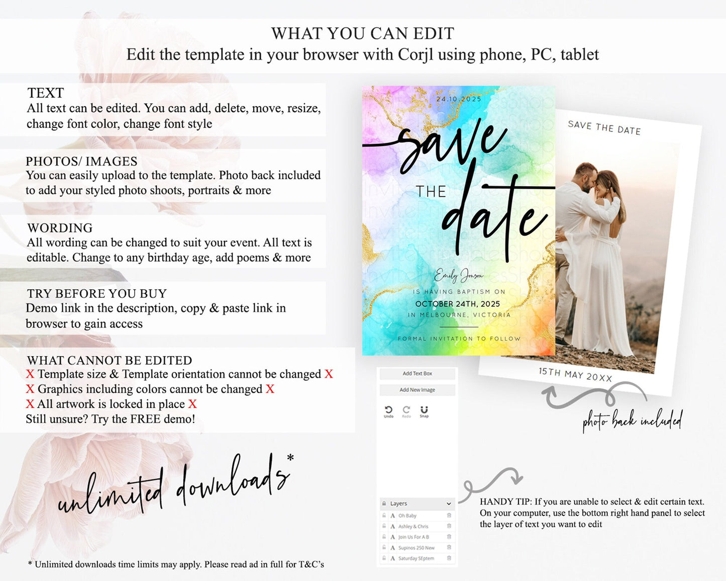 Pastel Save The Date Template Pastel Ombre Rainbow Watercolor Colorful Party For Birthday Baptism Baby Shower Wedding Bridal Shower D10390