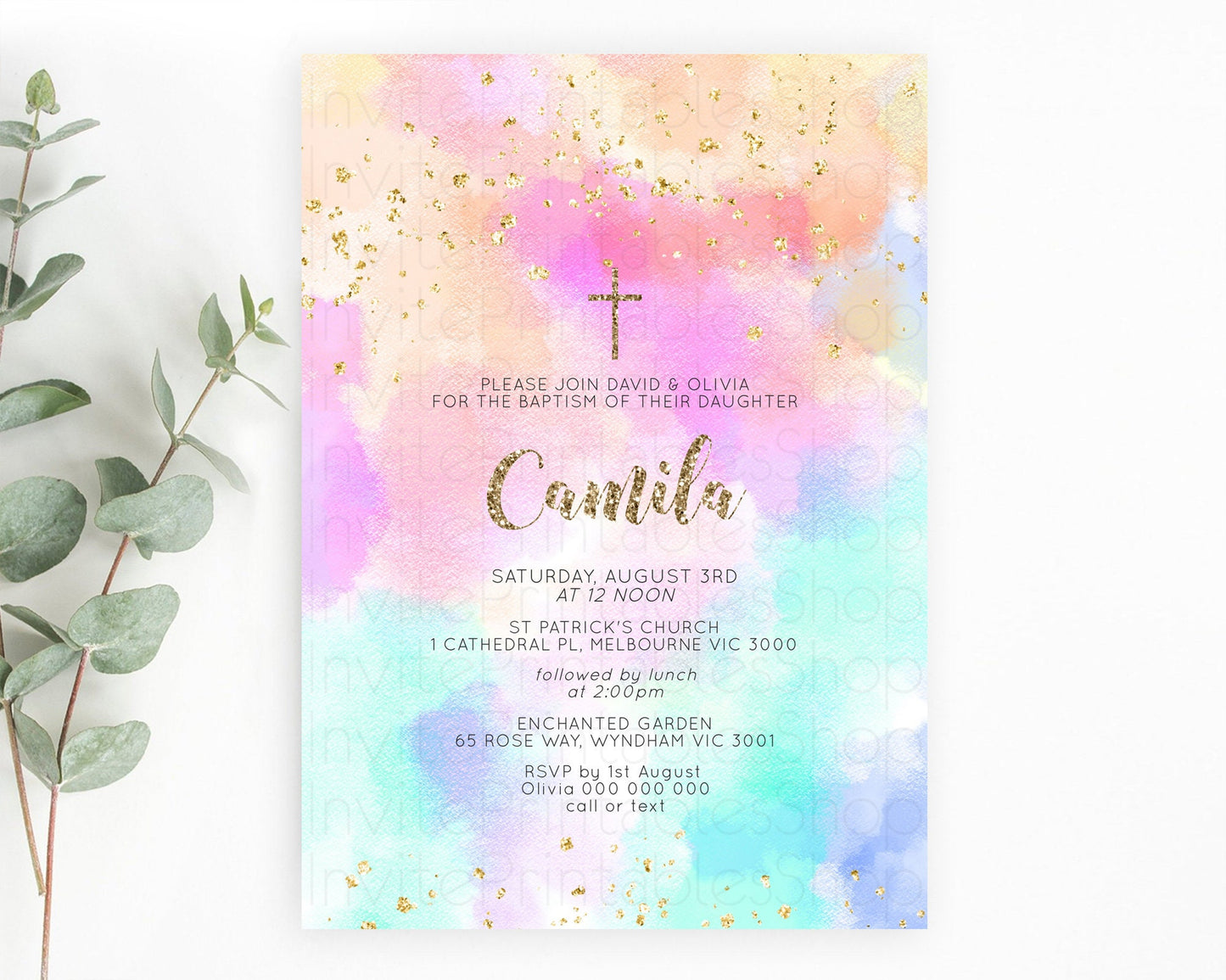 Pastel Baptism Invitation Pastel Colors Watercolor Baptism 1st Birthday Party Gold Ombre Pastel Rainbow Christening Holy Communion D10669