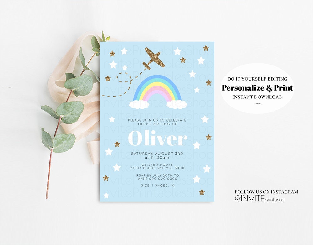 Rainbow Birthday Invitation Pastel Rainbow Plane Invitation Cute Aeroplane Blue Sky Clouds Stars Glitter Confetti Custom Printable