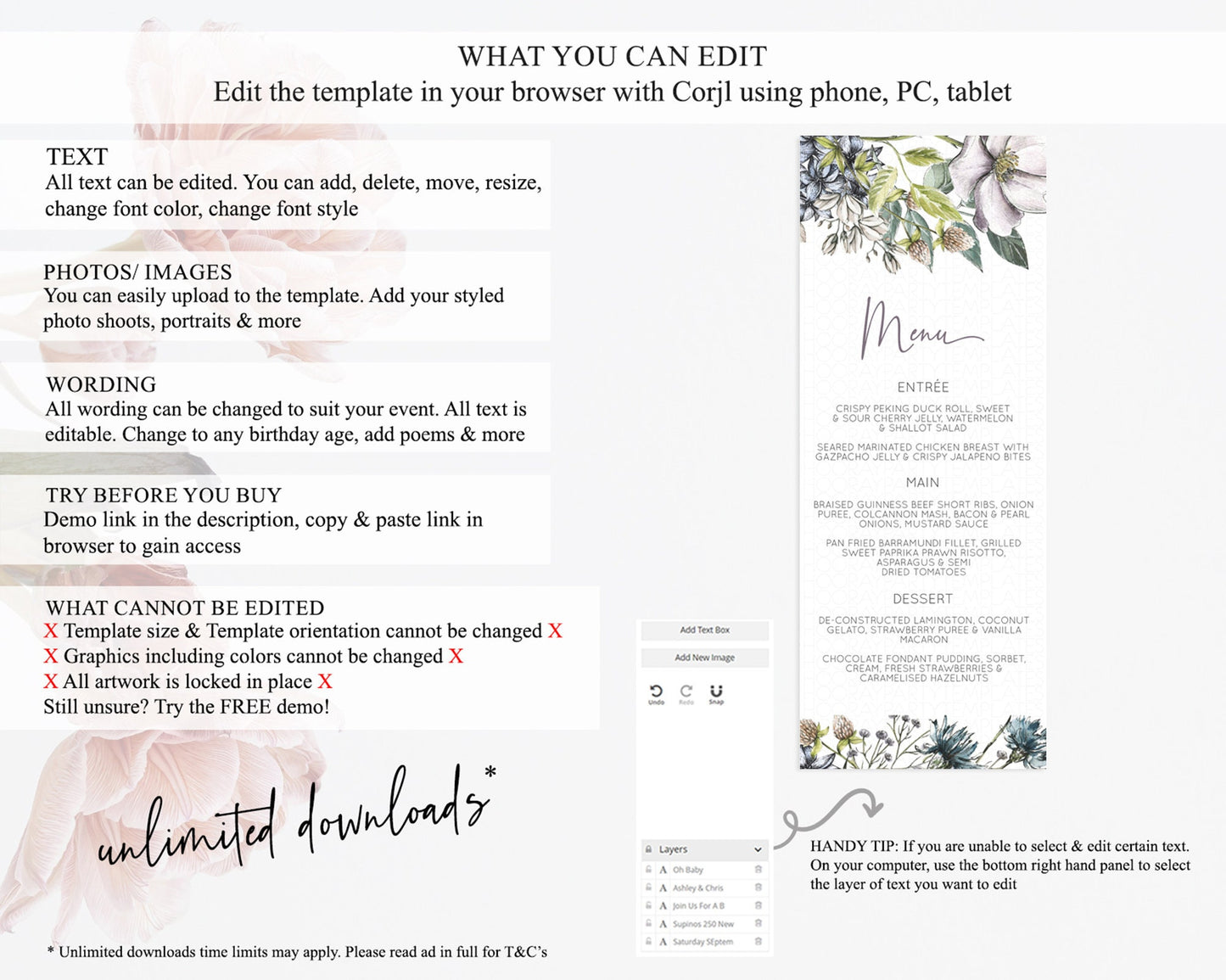 Secret Garden Menu Wildflower Menu Template Pastel Flower Garden Table Decor Boho Floral Dinner Dessert Floral Party Food Menu D10501