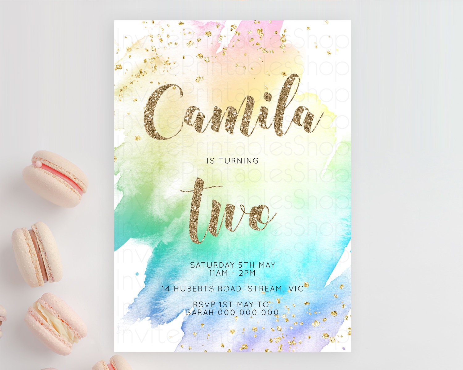 Editable Rainbow Birthday Invitation Colorful Pastel Watercolor Invitation G
