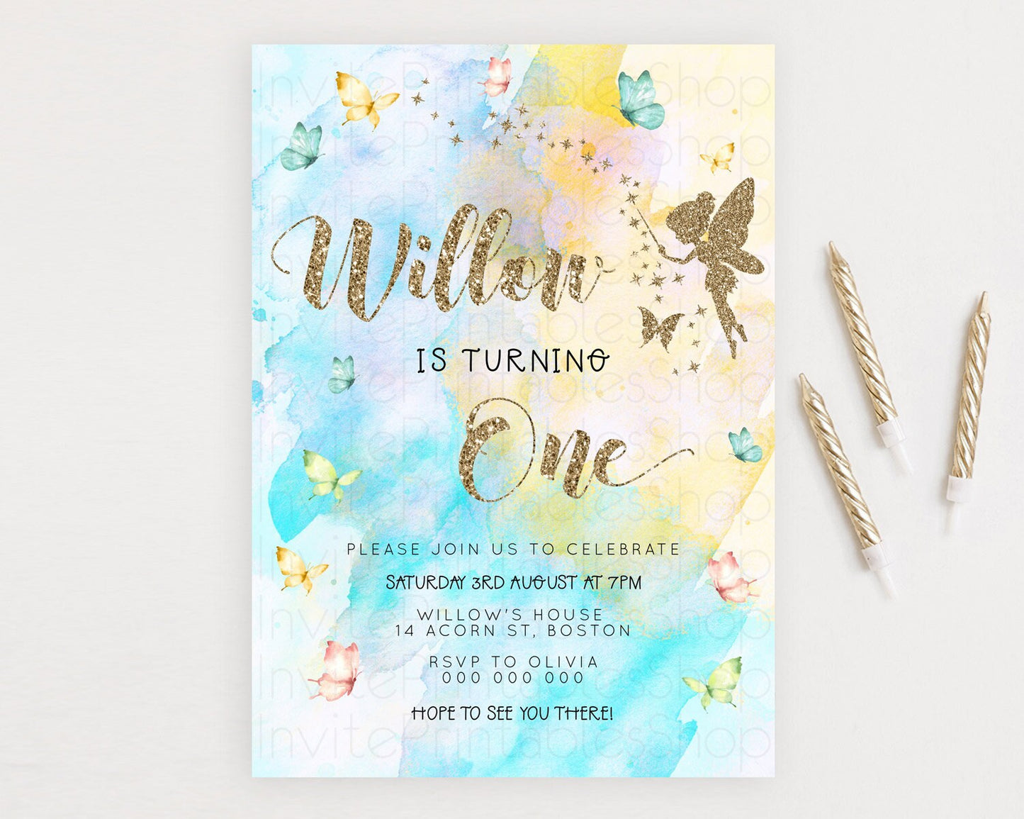 Pastel Fairy Birthday Invitation Pastel Butterflies Fairy Birthday Invitation Rainbow Ombre Watercolor 1st 2nd Birthday Invitation D23348